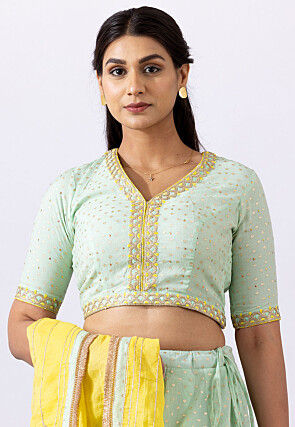 Foil Printed Pure Chanderi Cotton Lehenga in Pastel Green