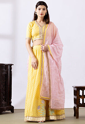 Foil Printed Pure Chanderi Cotton Lehenga in Yellow