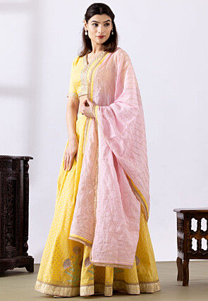 Foil Printed Pure Chanderi Cotton Lehenga in Yellow