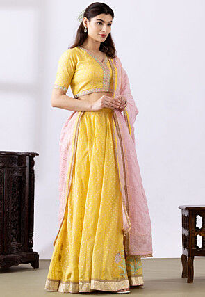 Foil Printed Pure Chanderi Cotton Lehenga in Yellow