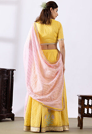 Foil Printed Pure Chanderi Cotton Lehenga in Yellow