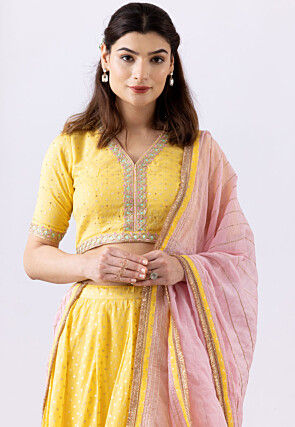 Foil Printed Pure Chanderi Cotton Lehenga in Yellow