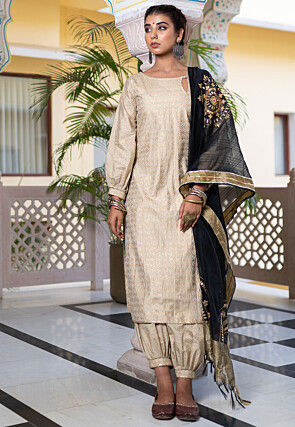 Foil Printed Pure Chanderi Cotton Punjabi Suit in Cream