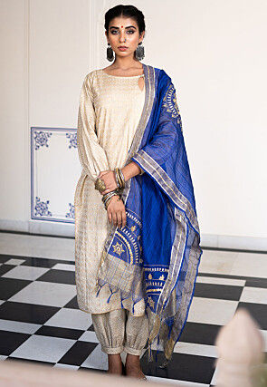 Foil Printed Pure Chanderi Cotton Pakistani Suit in Cream