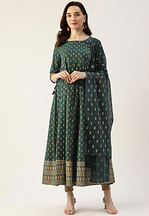 Foil Printed Pure Cotton Aline Kurta in Dark Green