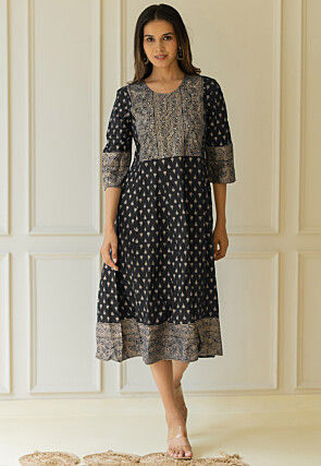 Foil Printed Pure Cotton Anarkali Kurta in Black
