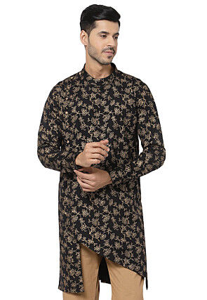 Foil Printed Pure Cotton Asymmetric Kurta in Black