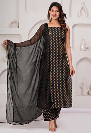 Foil Printed Pure Cotton Pakistani Suit in Black