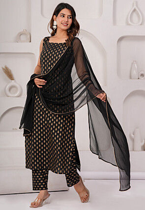 Foil Printed Pure Cotton Pakistani Suit in Black