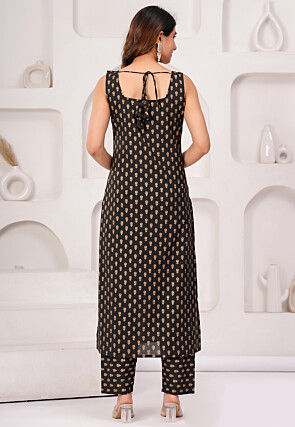 Foil Printed Pure Cotton Pakistani Suit in Black