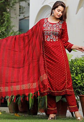 Foil Printed Pure Cotton Pakistani Suit in Maroon