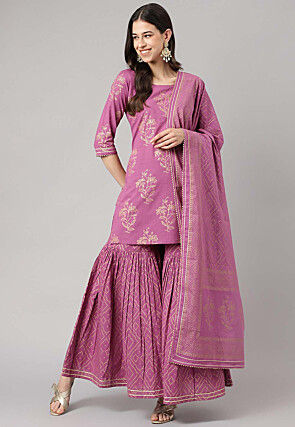 Foil Printed Pure Cotton Pakistani Suit in Purple