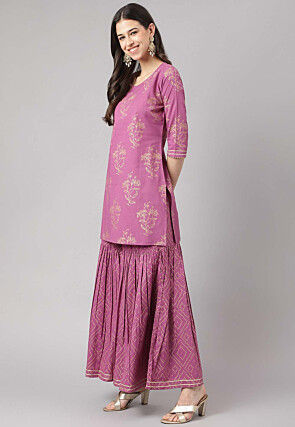 Foil Printed Pure Cotton Pakistani Suit in Purple