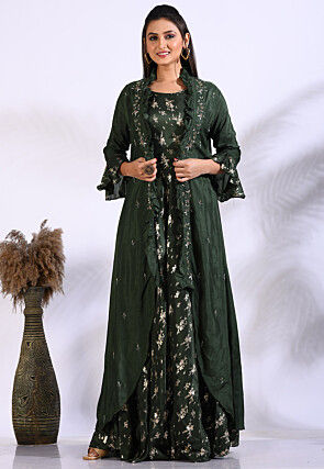 Foil Printed Pure Silk Gown in Dark Green