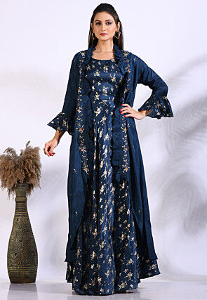 Foil Printed Pure Silk Gown in Navy Blue