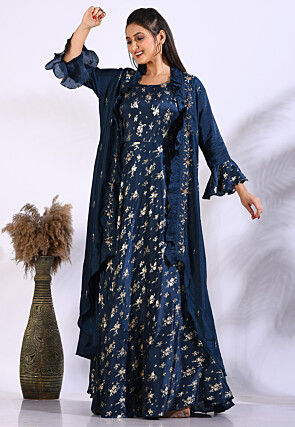Foil Printed Pure Silk Gown in Navy Blue
