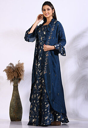 Foil Printed Pure Silk Gown in Navy Blue