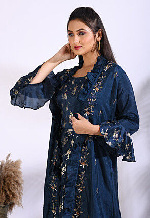 Foil Printed Pure Silk Gown in Navy Blue