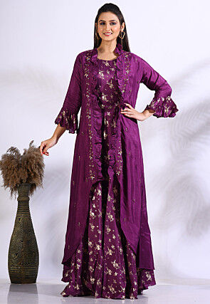 Foil Printed Pure Silk Gown in Purple