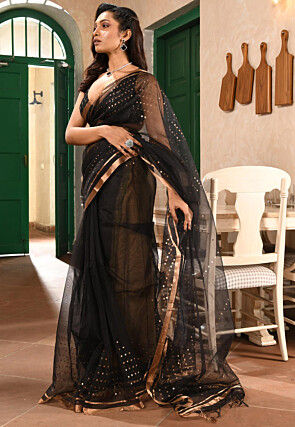 Foil Printed Pure Silk Saree in Black