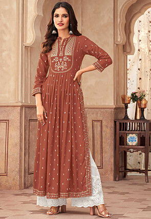 Foil Printed Rayon A Line Kurta and Bottom Set in Brown