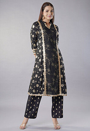Foil Printed Rayon A Line Kurta in Black