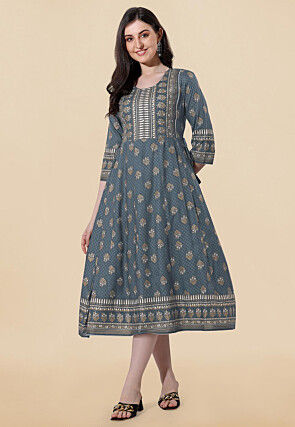 Foil Printed Rayon A Line Kurta in Grey