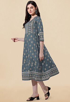 Foil Printed Rayon A Line Kurta in Grey