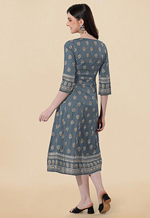 Foil Printed Rayon A Line Kurta in Grey