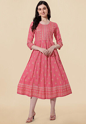 Foil Printed Rayon A Line Kurta in Pink