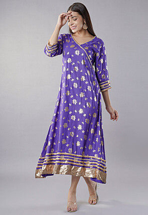 Foil Printed Rayon A Line Kurta in Purple
