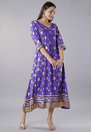 Foil Printed Rayon A Line Kurta in Purple