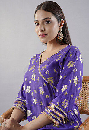 Foil Printed Rayon A Line Kurta in Purple