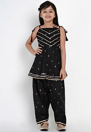 Foil Printed Rayon A Line Kurta Set in Black