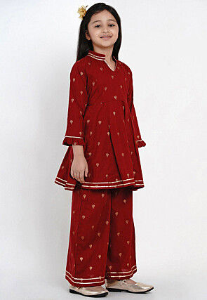 Foil Printed Rayon A Line Kurta Set in Maroon