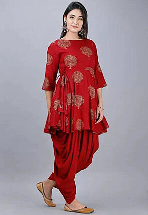 Foil Printed Rayon A Line Kurti Set in Red