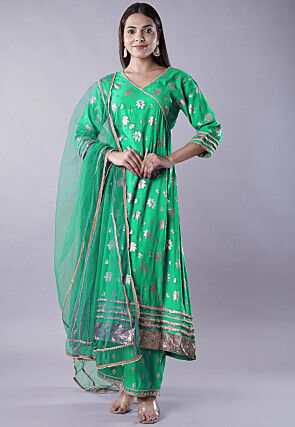 Foil Printed Rayon A Line Suit in Green