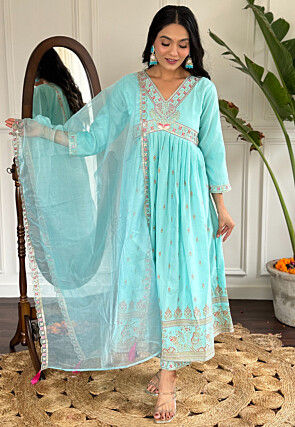 Foil Printed Rayon A Line Suit in Light Blue