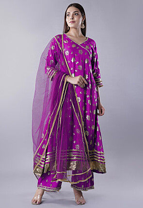 Foil Printed Rayon A Line Suit in Magenta