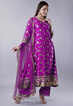 Foil Printed Rayon A Line Suit in Magenta