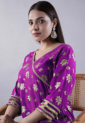 Foil Printed Rayon A Line Suit in Magenta