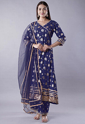 Foil Printed Rayon A Line Suit in Navy Blue
