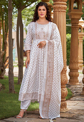 Foil Printed Rayon A Line Suit in Off White