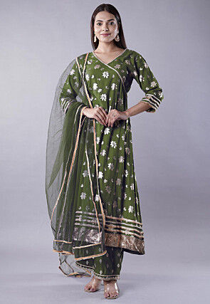 Foil Printed Rayon A Line Suit in Olive Green