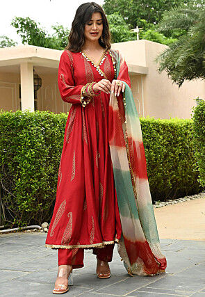Foil Printed Rayon A Line Suit in Red