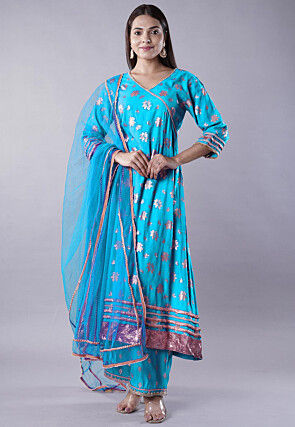 Foil Printed Rayon A Line Suit in Sky Blue