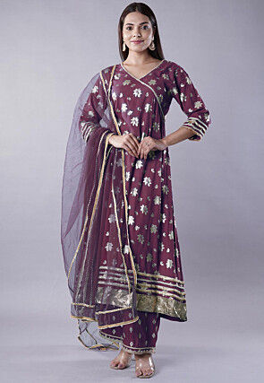 Foil Printed Rayon A Line Suit in Wine