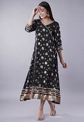 Foil Printed Rayon Aline Kurta in Black