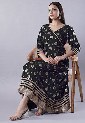 Foil Printed Rayon Aline Kurta in Black