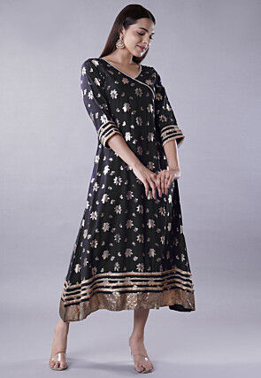 Foil Printed Rayon Aline Kurta in Black